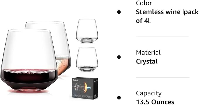 OJA Wine Glasses Set, Crystal Stemless Red Wine Glass, Set of 4, 13.5 oz | Dishwasher Safe, Red White Wine glass, Hand Blown, Unique Gifts for Him Her for Birthday, Wedding, Christmas, Anniversary