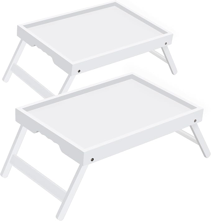 Bamboo Breakfast Trays with Folding Legs, Large, 2-Pack, White | Set of 2 large bamboo bed trays with folding legs and wave handles for meals, laptops and serving in bed.