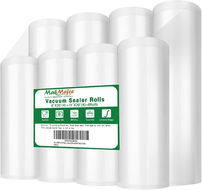 MakMeFre 8Pack Vacuum Sealer Rolls 8"&11"x20' BPA Free Sous Vide Bags