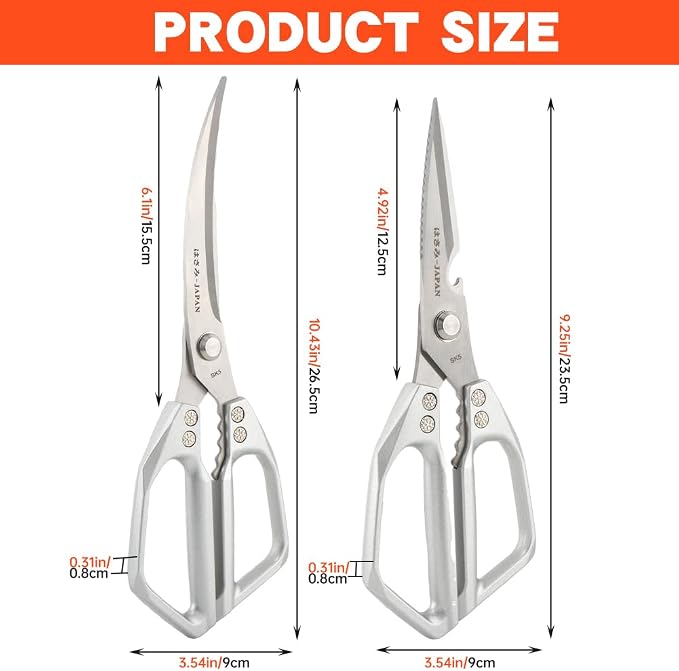 2Pcs Kitchen Scissors Set, Heavy Duty Sharp Silver Poultry Shears | All Purpose Kitchen Shear, Dishwasher Safe for Cutting Food, Chicken Bones & Turkey