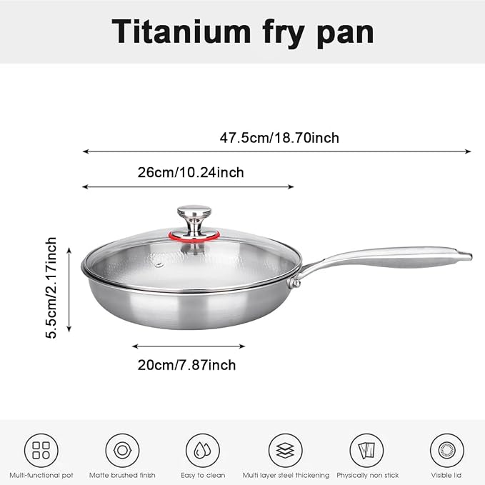 Titanium Frying Pan with Lid, 26cm Professional Stainless Steel Skillet, Nonstick Honeycomb Surface, Oven & Dishwasher Safe