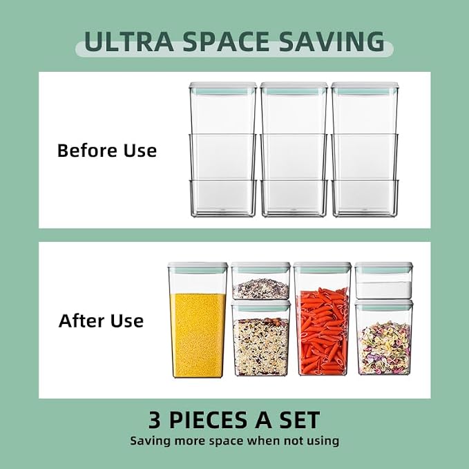 Pop Airtight Food Storage Containers with Lids- 3 Pcs Stackable One Button Opening Food Containers, Kitchen Pantry Storage Containers for Snacks Candy Salt Herbs Spices BPA-Free (1.2 QT * 3)