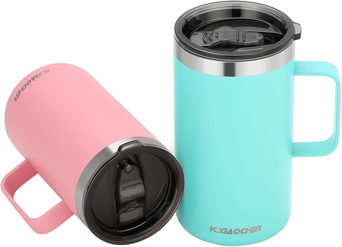 KXIAOCHEN 2-Pack 20 oz Insulated Coffee Mugs, Coffee Cups with Wide Handles | 18/8 stainless steel, sliding lids, 6+ hours hot or 12+ hours cold, wide mouth, no-sweat, for office, home, camping and gifts