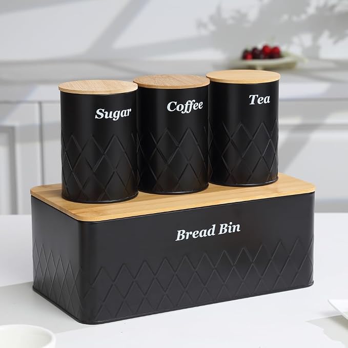 Black Metal Bread Box with Cutting Board,3 Canisters for Kitchen | Coffee Tea Sugar Container Storage Set Bread Bin with Bamboo Lid for Kitchen Countertop Bread Box Set