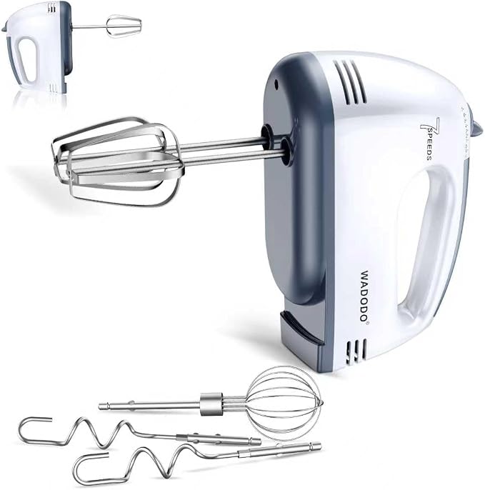 WADODO 7-Speed Electric Hand Mixer – Portable Food Mixer Kitchen Mixer with 304 *(1x Whisk, 2x Beater, 2x Dough hook) for Baking Cakes, Cream, Cookies, WHITE