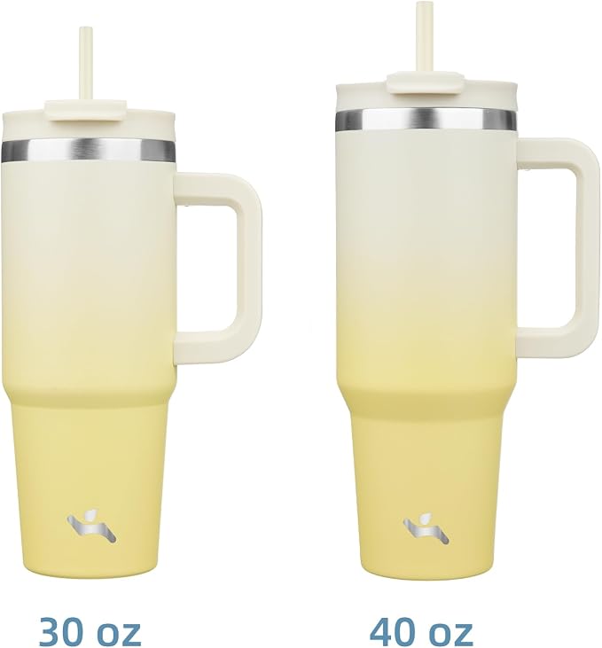 Konokyo 30 oz Insulated Tumbler Water Bottle with Handle, Straw Lid | BPA-free and dishwasher safe; made for gym, travel, coffee and gifting, 2 straws, cup holder friendly,Lemon