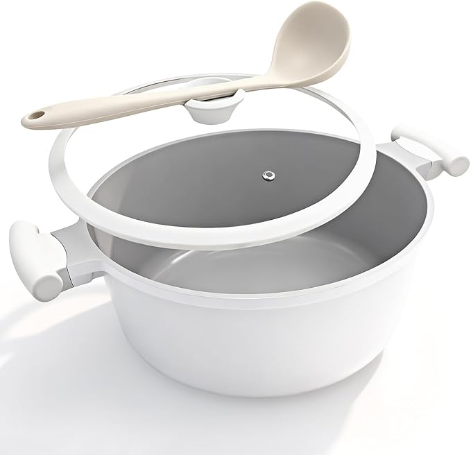 AIKENBBKK 7 QT Ceramic Stock Pot with Lid, Non Stick Cooking Pot, Soup Pot Nonstick, Induction Cookware for Pasta, Soup, Spaghetti, Stay-Cool Handle, Suitable for All Stoves, PFAS-Free, White