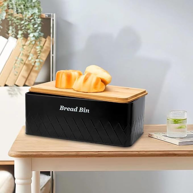 Black Metal Bread Box with Cutting Board,3 Canisters for Kitchen | Coffee Tea Sugar Container Storage Set Bread Bin with Bamboo Lid for Kitchen Countertop Bread Box Set