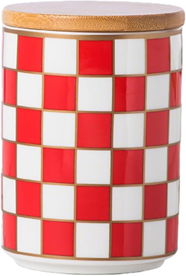Kitchen Countertop Ceramic Checkered Canisters,Black And White Food Storage Containers With Lid,Airtight Kitchen Canisters for Flour, Sugar, Coffee, Tea, and Dry Goods (Red, Small)