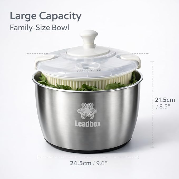 Stainless Steel Salad Spinner, 6L Heavy-Duty Lettuce Dryer with Smooth Spin Handle, Large Vegetable Washer & Fruit Rinse Bowl, Non-Slip Base