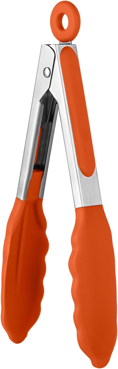 U-Taste Kitchen Tong for Cooking, 600ºF Heat-Resistant Tps, 7in/Orange | Small Mini Silicon Tongs for Serving Food, Short Salad Thong with Non Stick Rubber Tips & 18/8 Stainless Steel Handle