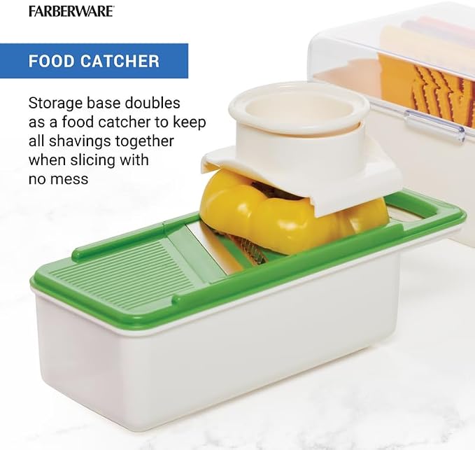 Farberware Pro Mandoline Slicer for Kitchen with Storage Case, 4 Color-Coded Blades, Fine and Coarse Julienne, Grater, Safety Food Holder, Dishwasher Safe