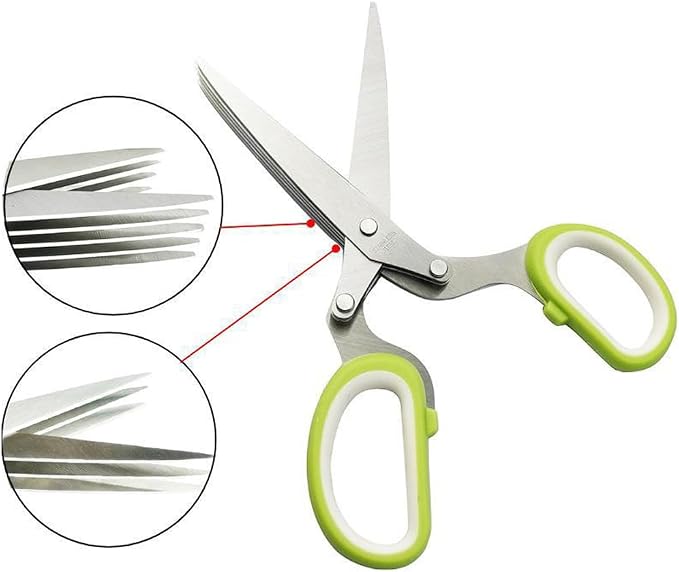 Herb Scissors Set, Stainless Steel 5 Blade Kitchen Salad Scissors with Safety Cover & Cleaning Comb, Multipurpose Herb Stripping Tool(COLOR:Green)