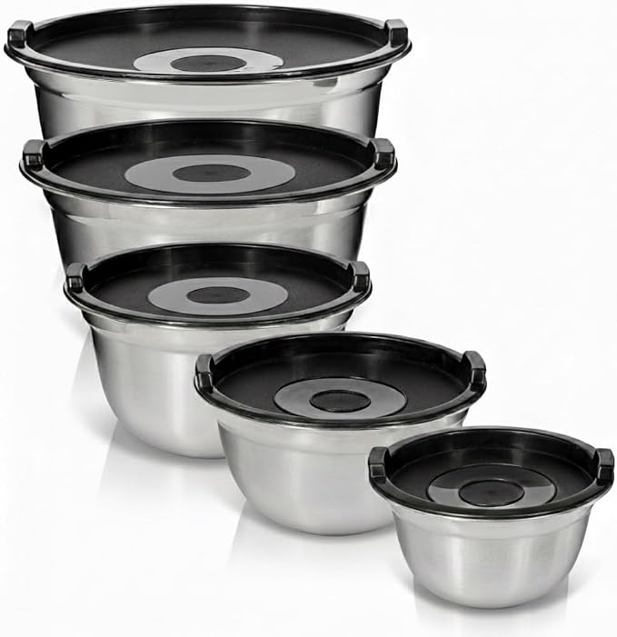 Stainless Steel Mixing Bowls with Lids, 5-Piece Nesting Set | Set includes 5, 3, 1.5, 1 & .75 Quart Rustproof Metal Bowls for Kitchen, Meal Prep, Baking, Cooking, Storage, Dishwasher Safe