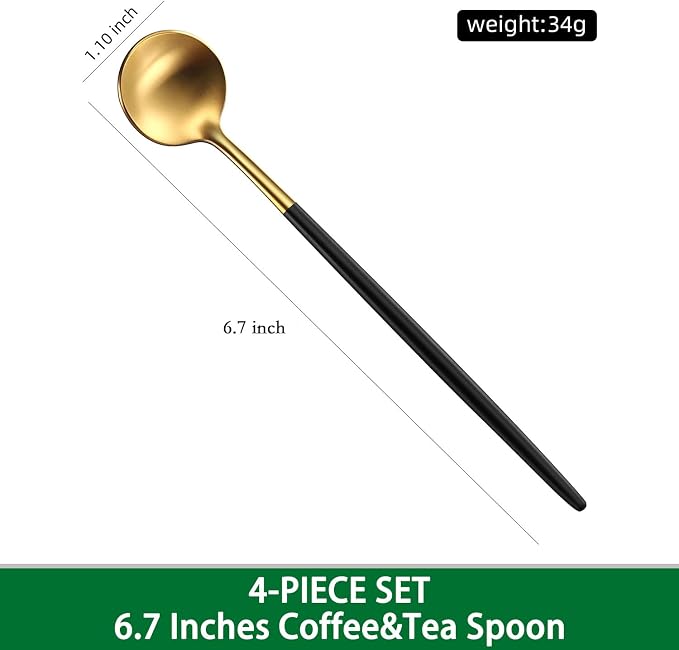 DEHOV 4 PCs 6.7 Inches Brush Gold Stainless Steel 304 Iced Tea Spoons With Black Handle,Long Handle Coffee Stirring Spoon,SS18/10 Matte Gold Black Handle Teaspoons