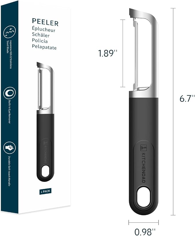 KITCHENDAO Swivel Vegetable Potato Peeler for Kitchen -Durable Japanese 420J2 Stainless Steel Sharp Dual Blade- Built-in Eye Remover, Ergonomic Soft-touch Handle - Dishwasher Safe-Black