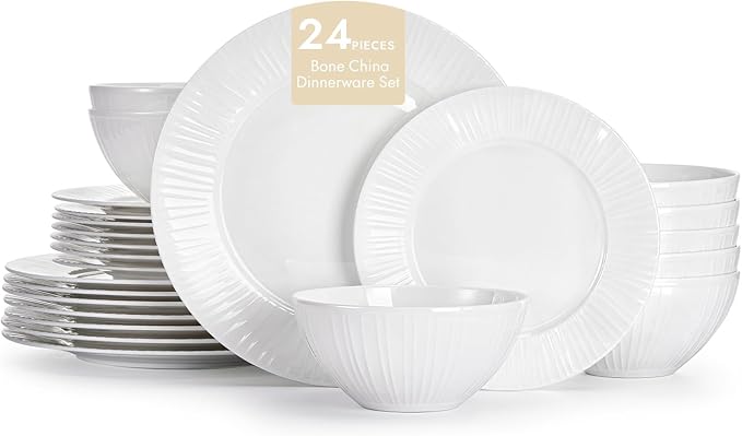 24Pc Textured White Bone China Set Service for 8 | Lightweight porcelain plate & bowl set. Microwave & dishwasher safe for daily family meals, restaurants, or gifting.