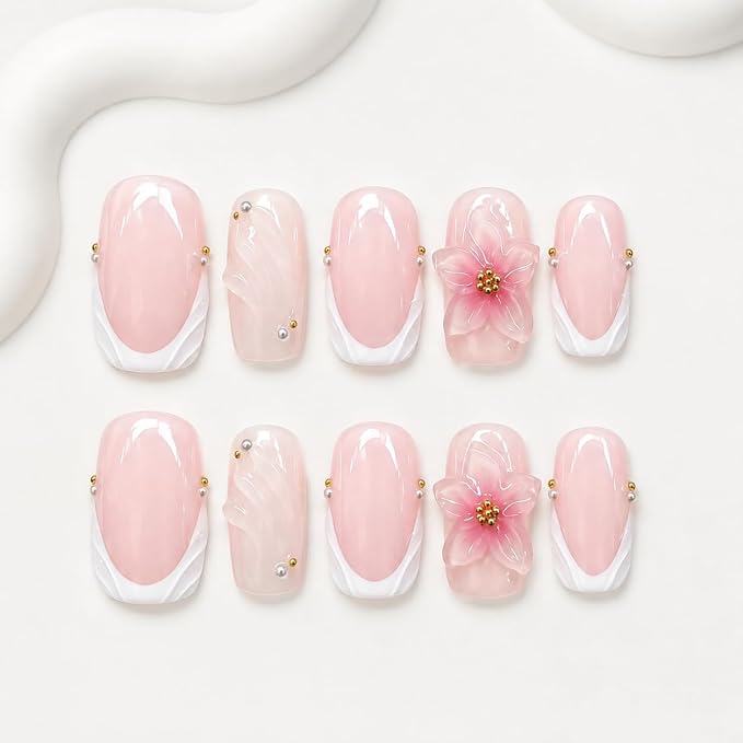 Handmade Press on Nails Glossy Pink Fake Nail Short Square Stick on Nails Acrylic Nails 3D Flower Press on Nails Designs White French Tip Full Cover Muti-Layer Gel Thick False Nail for Women (S)