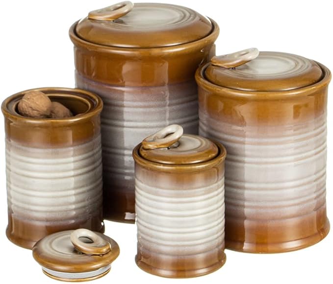 Nihow Food Storage Jar,Ceramic Canister Sets for The Kitchen,Set of 4,Brown | Air Tight Lid,Seal Damp-proof,For Flour/Sugar/Rice/Coffee/Cookies/Candy,Kitchen Counter