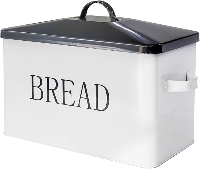 SOTECH Metal Bread Box with Lid for Kitchen Countertop Large Bread Bin kitchen Bread Food Snacks Storage Container Farmhouse BreadBox Grey Lid White Body with Side Handles