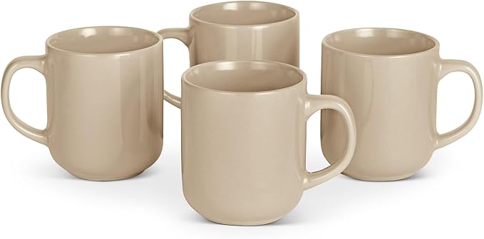 Amazon Basics Stoneware Coffee Mugs, 16 oz, 4-Piece Set, Gloss-Glazed, Stain-Resistant, Microwave, Freezer and Dishwasher-Safe, Linen Gray
