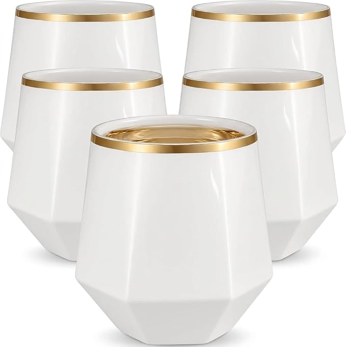 Oojami 40 Pack Disposable Plastic Wine Glasses Gold Rim 12 Oz (White Gold) | Diamond Stemless Clear Cups, BPA-Free Shatterproof Unbreakable Reusable, Cocktail Champagne Whiskey Cups, Wedding Party Bar