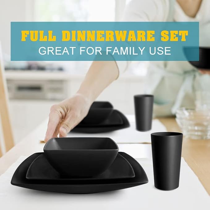 Teivio 16-piece Plastic Wheat Straw Square Dinnerware Set for 4, Unbreakable Dinner Plates, Salad Plates, Snack Bowls, Tumblers 13.5 oz, Dishwasher Safe, Kitchen Outdoor Camping,Black