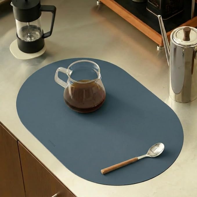 Steel Blue Oval Silicone Placemats Set of 4 – Heat Resistant, Waterproof, Easy to Clean Non-Slip Modern Dining Table Mats – Premium Leather Textured Japandi Kitchen Decor