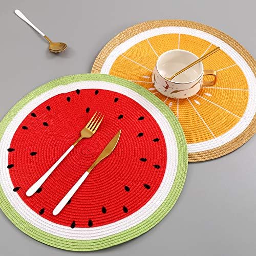 Zupro Round Watermelon Placemats Set of 4 Braided 15" Indoor Outdoor Usage | Embroidery Motif Heat Resistant Non-Slip Washable,for Kitchen Dining Tables Dinner Parties holiday and Everyday Use