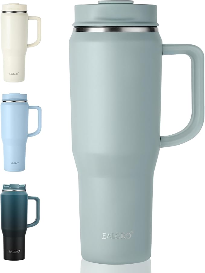 EALGRO 40 oz Tumbler with Handle, Insulated Tumblers with Lid and Straw | Leakproof Large Metal Sports Water Bottle Jug, Stainless Steel Travel Coffee Mug, Double Wall Vacuum Thermal Cup, Sage Green