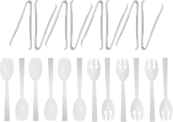 Party Essentials Plastic Party Buffet Serving Utensils Kit, Spoons/Forks/Tongs, 20-Piece, White
