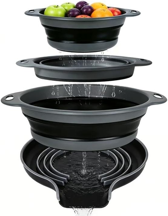 3-Pack Collapsible Colander for Kitchen with Self-Draining Base Foldable Strainers Set Round Silicone Food Drainer for Pasta Fruits and Vegetables (3QT, 4QT and 5QT), Black
