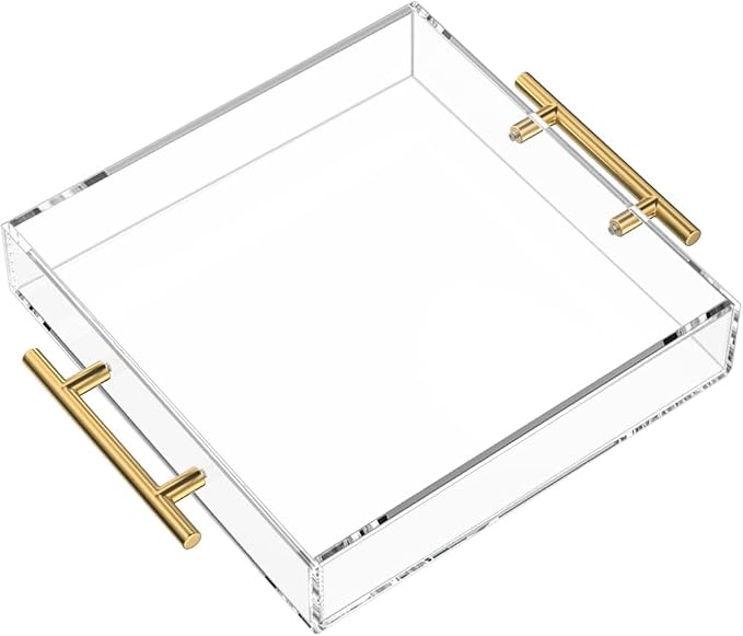 NIUBEE Acrylic Tray 12x12 Inches - Clear Serving Tray Organizer with Handle | Spill-Proof tray for Coffee Table, Ottoman | Decorative Tray for Breakfast in Bed, Drink Serving & Home Organization