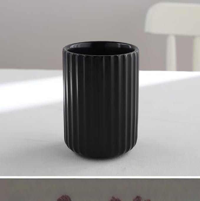 TOPYOKK Stoneware Coffee Bar Utensil Holder Tea & Coffee Spoon & Stirrer Holder for Stir Stick Straw Teaspoon Holder Espresso Spoon Cup Small Utensil Jar Fluted Vertical Stripe (Matte Black)