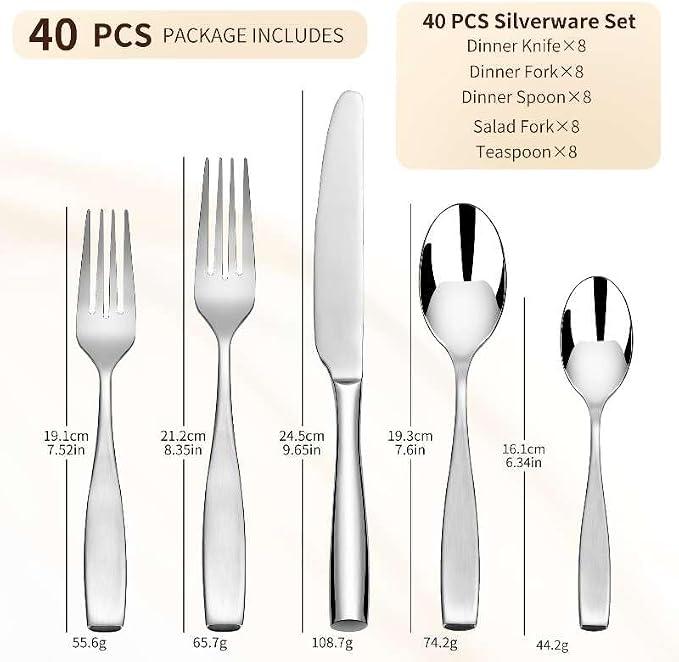 40-Piece 18/10 Heavy Flatware Set for 8, Thick Handle Forged Stainless Steel Silverware, Dishwasher Safe, Ideal for New Home Essentials Gift