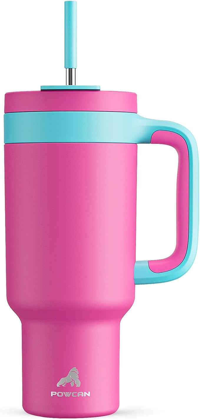 POWCAN 40 oz Tumbler with Handle, 2-in-1 Straw and Sip Lid, Leakproof, Dishwasher Safe, Insulated Stainless Steel Travel Coffee Mug, Keeps Cold for 34 Hours, Fits in Car Cup Holder (Petal)