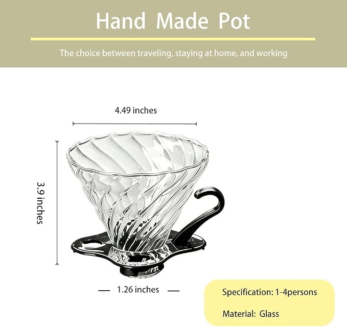 T-mark Glass Coffee Dripper/Filter Cup，Size02（1-4Cups） | Slow Brewing Glass Pour Over Coffee Maker,Home&Offices,Travel
