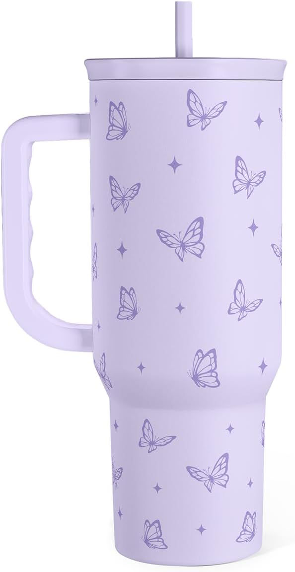 Butterfly Gifts for Women, Purple Butterfly Tumbler with Handle, Stainless Steel Insulated Coffee Travel Mug Cup, Gifts for Women Girls on Birthday Christmas, 40oz