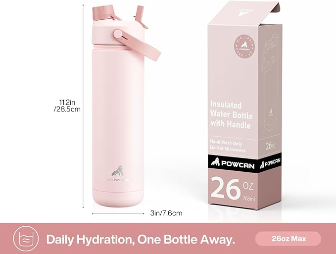 POWCAN 26 oz Insulated Water Bottle with 2-in-1 Straw and Spout Lid, Keep Cold 24H, Leak-Proof, Fits in Car Cup Holder, Stainless Steel Water Bottle for Sports, Travel, Gift (Sun-Kissed Strawberry)