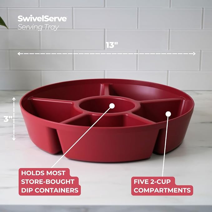Heavy-Duty Divided Serving Tray with Leakproof Lid - 6 Divided Compartments to Serve & Store Food, Fruit and Veggie Trays, Party Platters- Made In USA by TEGRIWARE (Radiant Red)