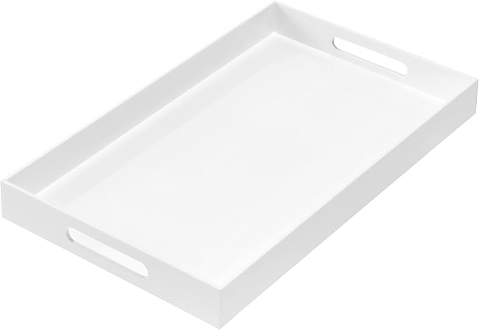 Glossy White Sturdy Acrylic Serving Tray with Handles 12x20x2H Inches -Spill Proof- Decorative Trays Countertop Organizer for Ottoman Coffee Table Nightstand, sidetable, Breakfast, Tea, Food