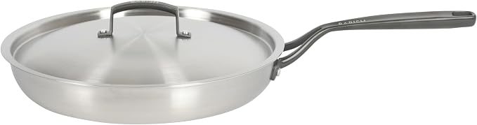Babish 12-Inch Tri-Ply Stainless Steel Frying Pan with Lid & Black Handle – Professional Grade Skillet for Searing, Sautéing & Even Heat Cooking