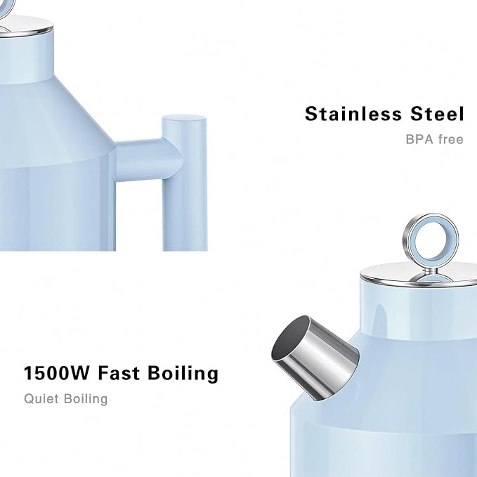 ASCOT Electric Kettle, 1.5L Stainless Steel Interior, Plastic-Free, 1500W Fast Boil, Retro Design, Auto Shut-Off & Boil-Dry Protection, Light Blue