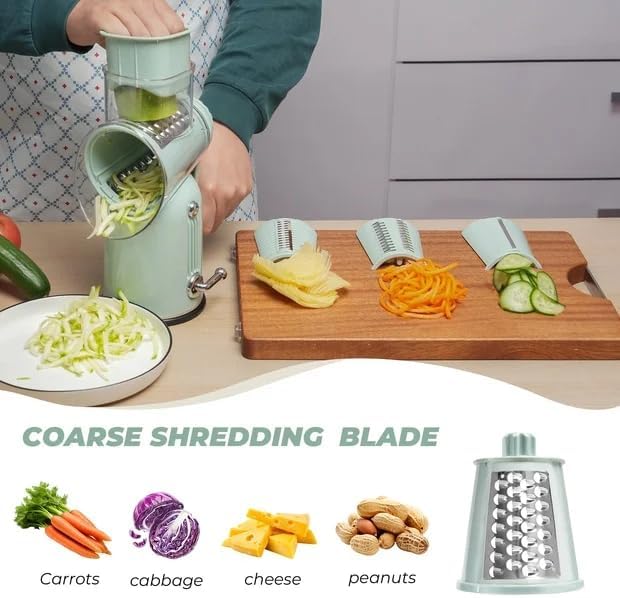 Rotary Cheese Grater Manual Hand Crank with 5 Blades & Suction Base, Kitchen Vegetable Shredder Slicer for Veggie, Nuts, Fruit, Green