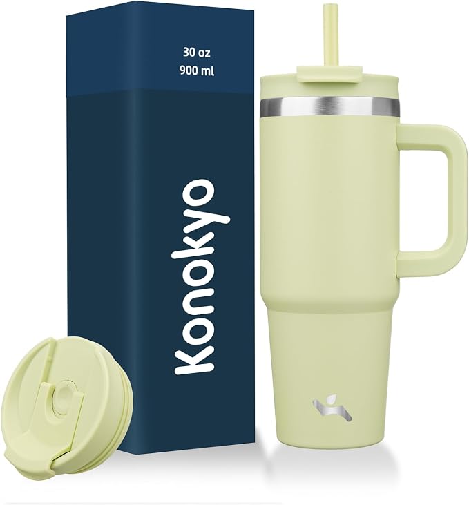 Konokyo 30 oz Insulated Tumbler Water Bottle with Handle, Straw Lid | BPA-free and dishwasher safe; made for gym, travel, coffee and gifting, 2 straws, cup holder friendly,Macaron Green