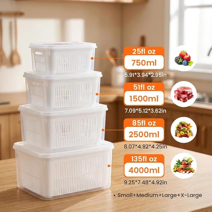 Kruggo Fruit Storage Container For Fruit Kitchen Storage (A, S+M+L) | Removable Colander Produce Storage Containers for Fridge Organizer