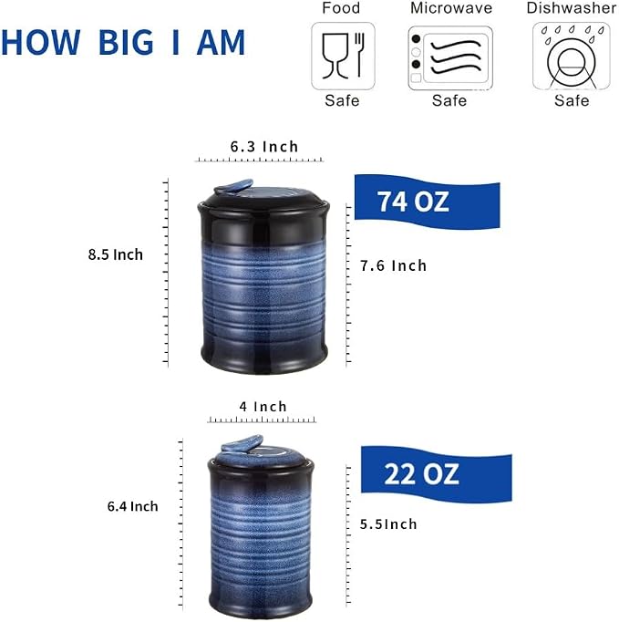 Nihow Food Storage Jar,Ceramic Canister Sets for The Kitchen,Set of 2,Blue | Air Tight Lid,Seal Damp-proof,For Flour/Sugar/Rice/Coffee/Cookies/Candy,Kitchen Counter Canister/Dishwasher Safe