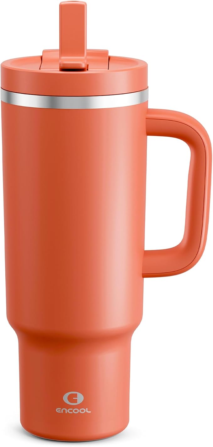 ENCOOL 40 oz Tumbler with Handle and Straw: Stainless Steel Insulated Tumbler Keeps Cold for 24 Hours, Leakproof Travel Cup Fits in Cup Holder and BPA-Free,Tawny Orange