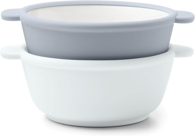 Ello Clean Start Ceramic Toddler Bowls with Sleeves, 2 Pack, Quiet Tide/Tech Blue