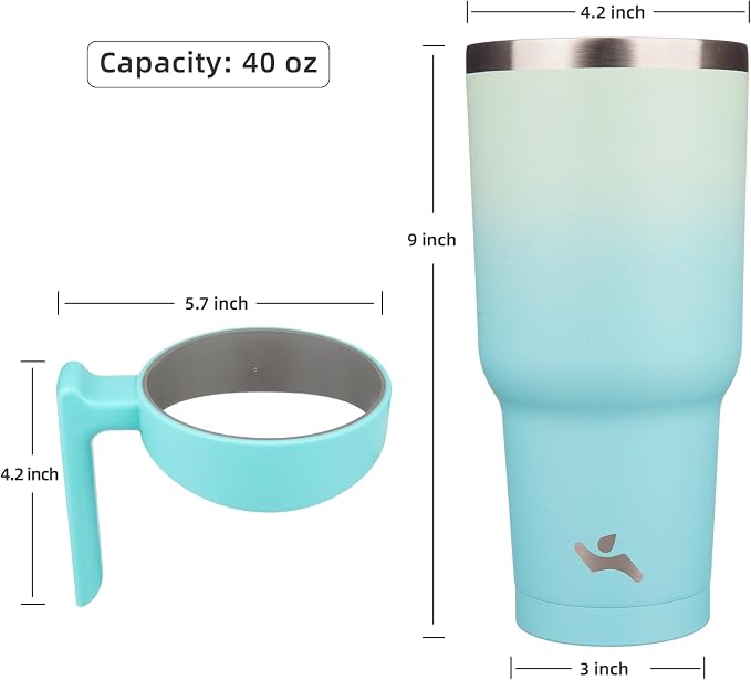 Konokyo 40 oz Tumbler with Handle and Straw, Insulated Travel Mug | Mint; BPA-free, leak-proof tumbler with 2 lids, 2 straws, cup holder fit for coffee, office, travel & daily use